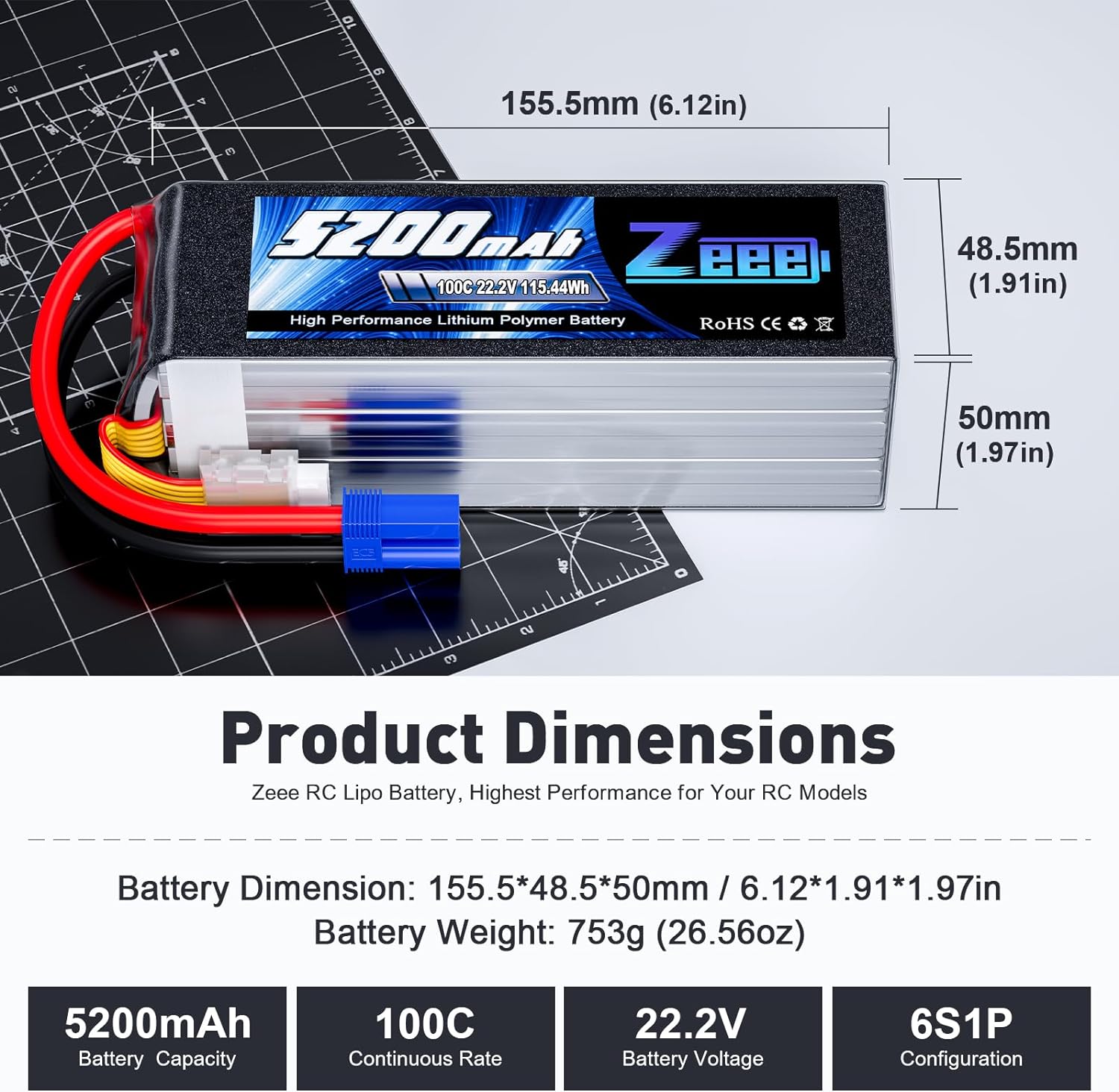 Zeee 6S 5200mAh Lipo バッテリー 22. - 6S Lipo Battery 22.2V 5000Mah のレビューと価格